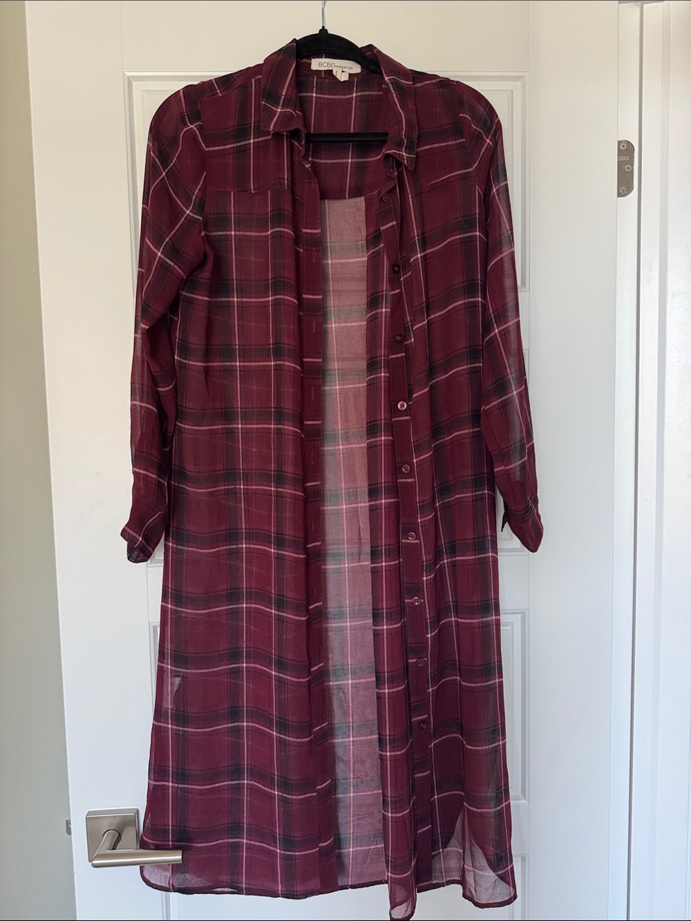 BCBGMaxAzria Burgundy Plaid Long Blouse